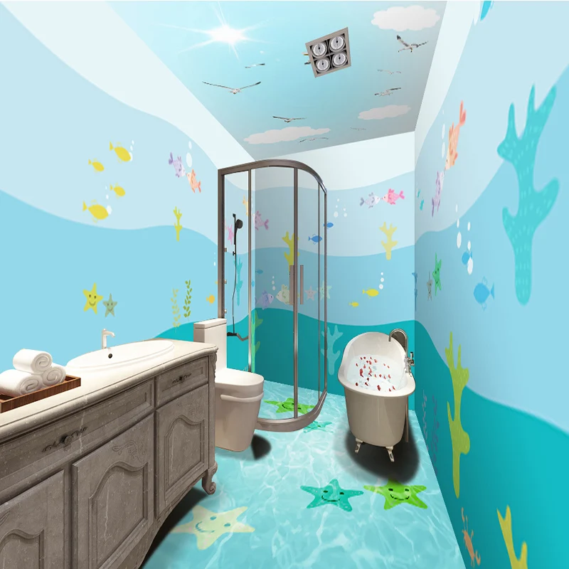 3D мультфильм вид на море Рыба обои ванная комната ПВХ самоклеящийся