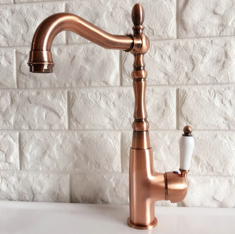 

Antique Red Copper Brass Bathroom Kitchen Basin Sink Faucet Mixer Tap Swivel Spout Single Handle One Hole Deck Mounted mnf419