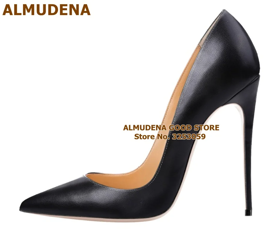 ALMUDENA/Лидирующий бренд; матовые кожаные туфли на высоком каблуке; открытые, коричневые, винно-красные туфли-лодочки; популярные туфли на шпильках 12 см в стиле знаменитостей - Цвет: black 12cm heel