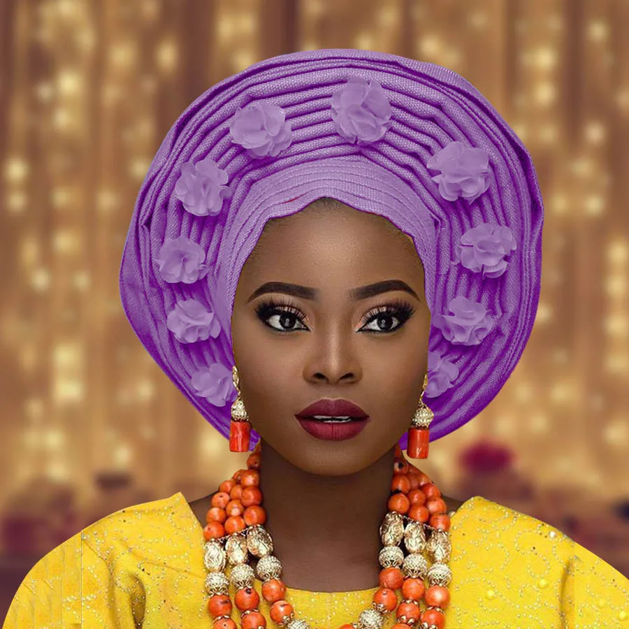 Африканский aso oke Авто геле для женщин с цветком нигерийский aso ebi головной убор для свадьбы - Цвет: lilac