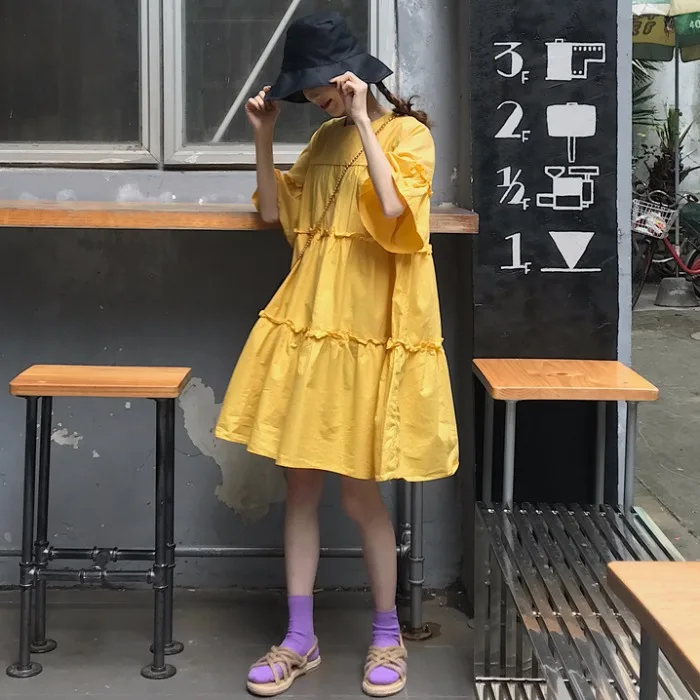 

Summer 2019 New Korean Loose Short-sleeved Cake Doll Dress Elegant Women Dress High Street Solid Ruffles Dress