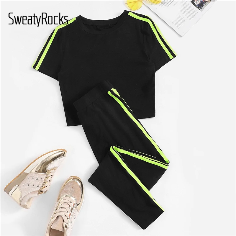 

SweatyRocks Neon Lime Tape Detail Tee And Pants Set Active Wear Women Outfits 2019 Summer Stretchy Black Two Piece Set