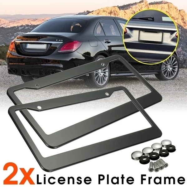 

2 Pcs Black Metal Stainless Steel License Plate Frames With Screw Caps Tag Cover