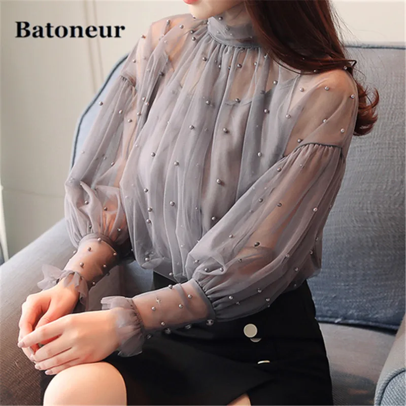 2018-New-Spring-Autumn-Free-Shipping-Casual-Women-Shirt-Lantern-Sleeved-Turtleneck-Fashion-Elegant-Female-Beading (2)