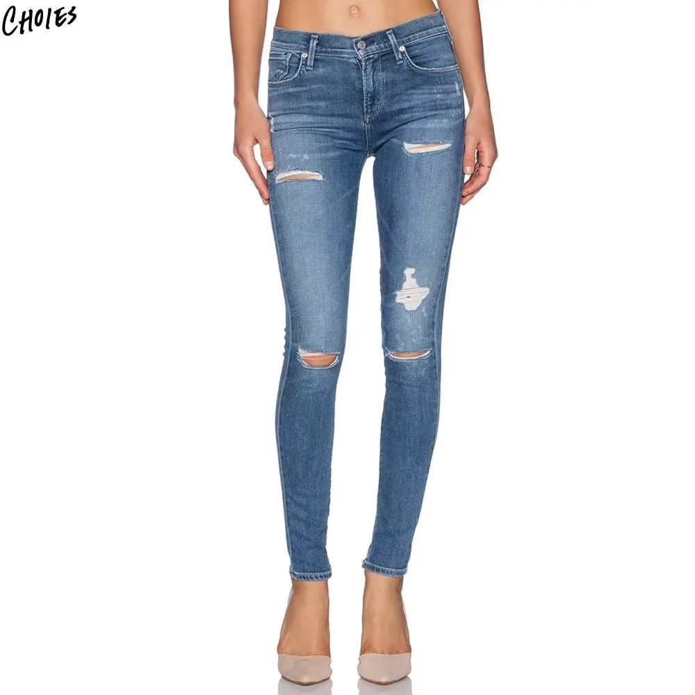 

Blue High Waist Ripped Silm Skinny Pencil Denim Jeans Women Mid Waist Pockets Back Casual High Street Ankle Length Pant