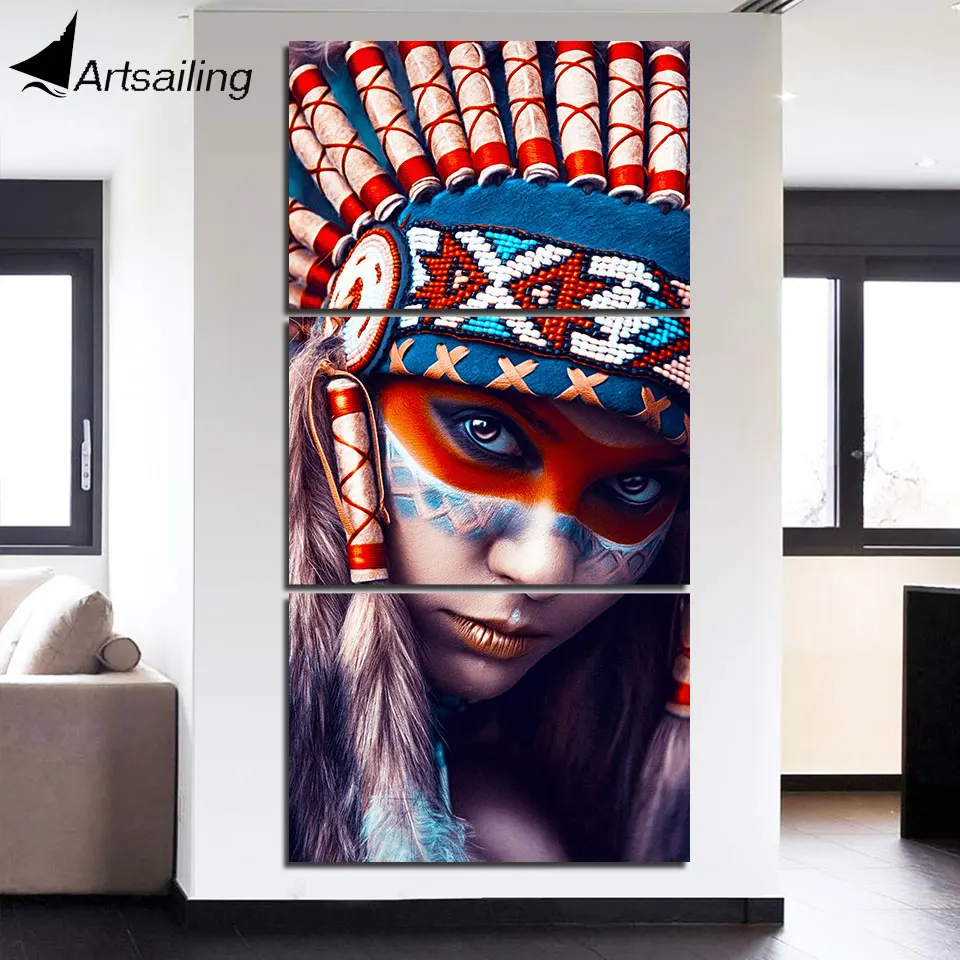 

HD printed 3 piece Canvas Art Native Indian warrior Girl Painting Feathered Wall Art for living room Free shipping NY-7262C