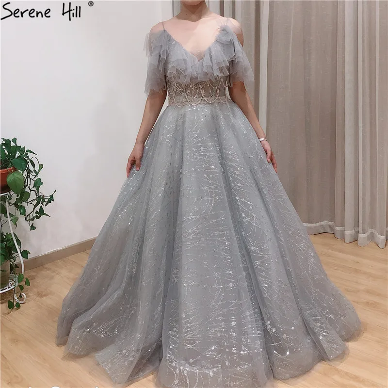 

Real Photo Grey A-Line Sexy Prom Dresses 2019 Short Sleeves Beading Tassel Prom Gowns Serene Hill BLA70112