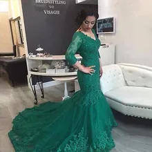 Lange Nixe-abschlussball 2017 V Sexy Plus Size Emerald Green Lange Hülsen-spitze Abendkleider vestido longo
