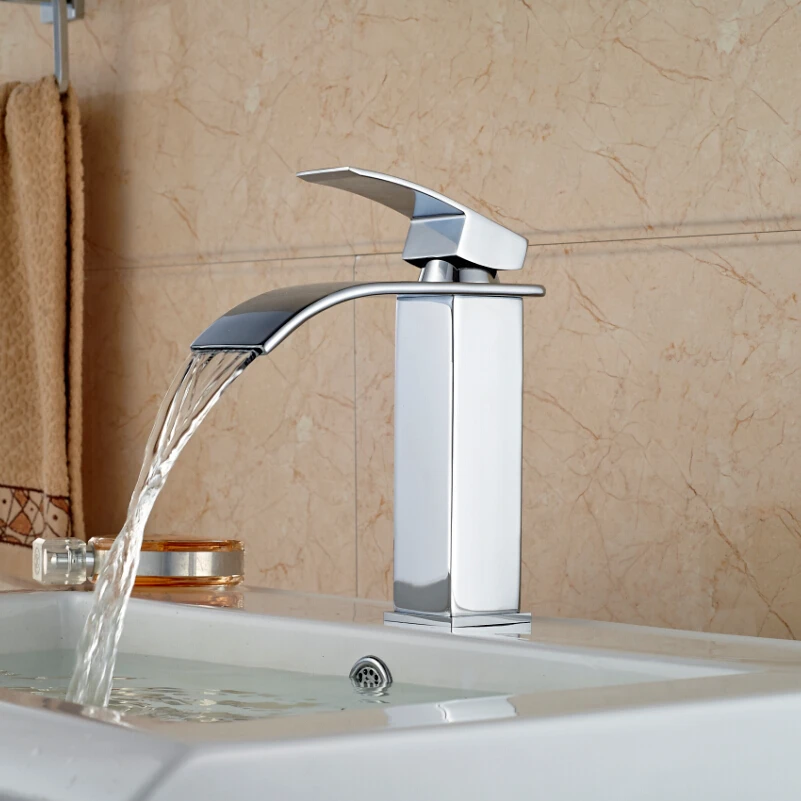 Chrome Finished Waterfall Brass Hot Cold Water Basin Faucet Bathroom Vessel Sink Mixer Taps Single Handle
