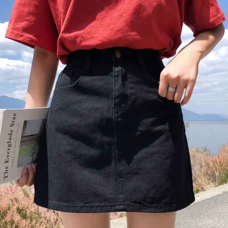 

Denim Skirt for Women Summer 2019 New Retro High Waist A-line Short Skirt Casual Plus Size Solid Color Female Korean Mini Skirt