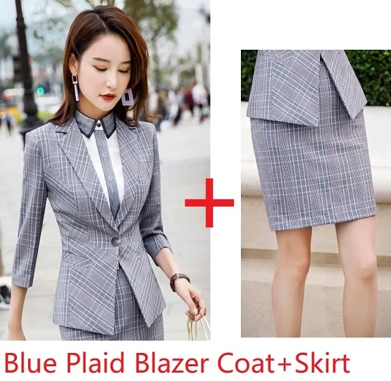 Blue Plaid Модные клетчатые официальные деловые костюмы с куртками и юбкой весна осень Дамская Офисная Рабочая одежда блейзеры салонные наборы красоты - Цвет: Blue Plaid