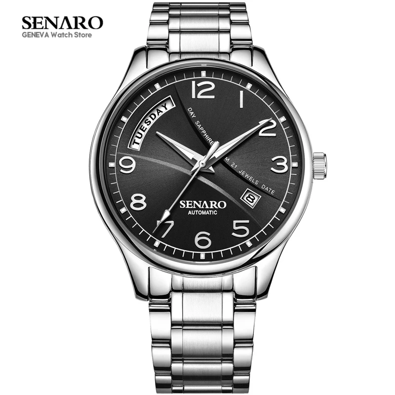 

SENARO Luxury Watches Men Silver 316L Stainless Steel Bracelet Skeleton Automatic Mechanical Watch Dress Mens Wristwatches S3