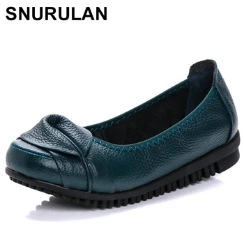 

SNURULAN Women casual loafers flats genuine leather slip-on flower sewing round toe shallow shoes female shoes big size E410