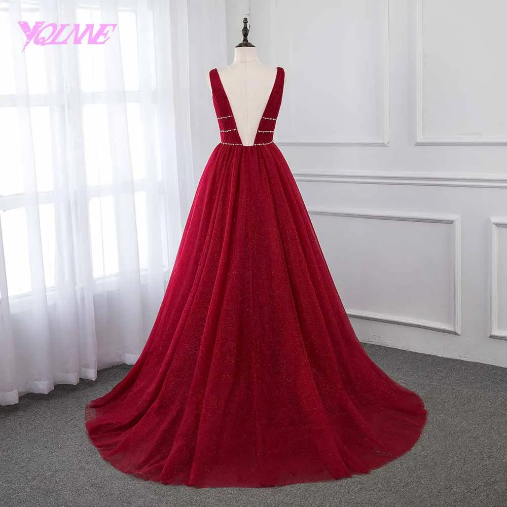 YQLNNE винные красные платья для выпускного шикарного тюля с глубоким v-образным вырезом Кристаллы вечернее платье с открытой спиной