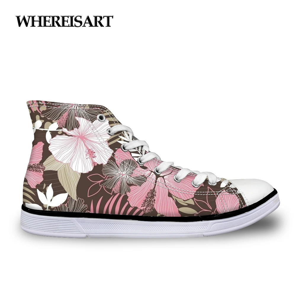 

WHEREISART Female High Top Lace-up Casual Shoes Fashion Tropical Banana Leaves Women Vulcanize Canvas Shoes Tenis Feminino 2018