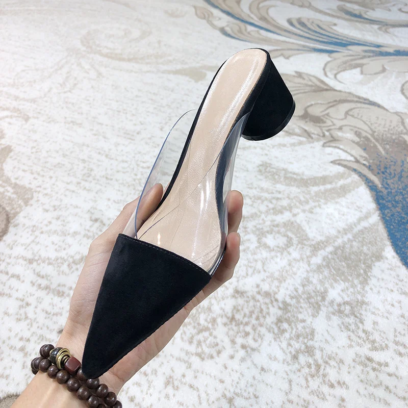 

Brand Designer Slipper Woman High Heel Shoes Women Sexy Transparent Shoes Summer Outdoor Flock Pvc Mixed Color Zapatos De Mujer