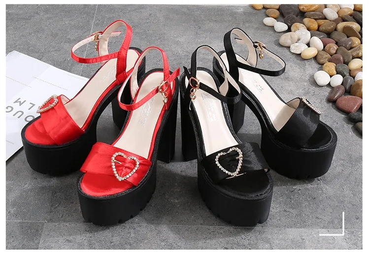 G-sparrow 14CM Comfortable Platform High Heels Thick Buckle Diamond Sandals Female Red Wedding Shoes Summer 2018 New Black33