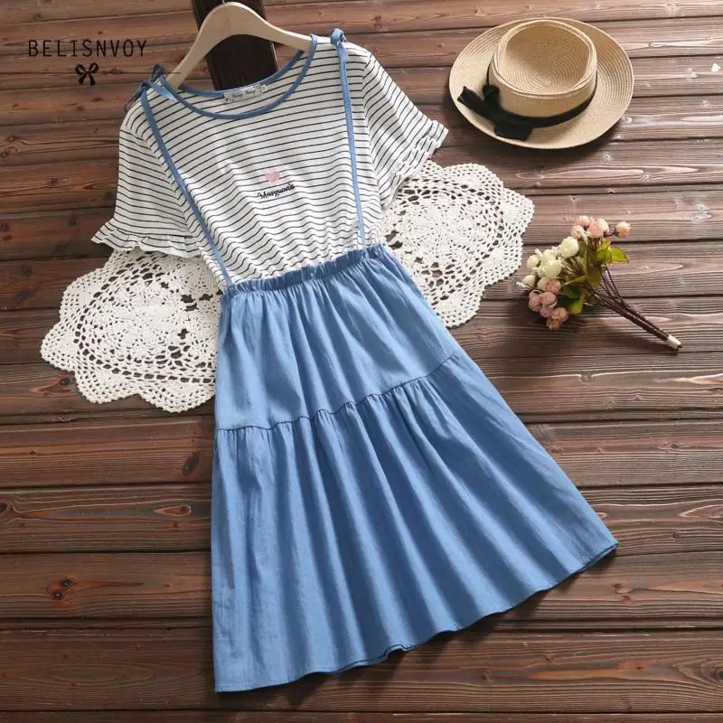 

Mori Girl Summer Women Dresses Fake Two Pieces Embroidery Female Patchwork Striped Denim Cotton Linen Sweet Sundress