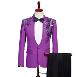 Фиолетовый Блейзер мужские костюмы комплект со штанами мужские свадебные костюмы блесток певица звезда стиль танец хор сценическая