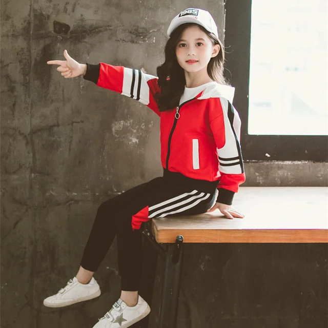 US $8.14 Girls Sports Suit Tracksuit 2019 Children Fashion Active striped Jackets Zipper Coat + Pant Set Kid