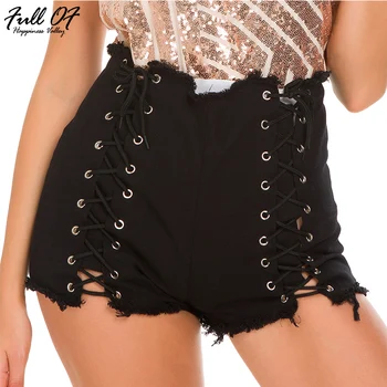 

Sexy High waist Lace Up shorts jeans woman befree fashion Bandage women jeans Black calca push up jeans Night club Party Bottom