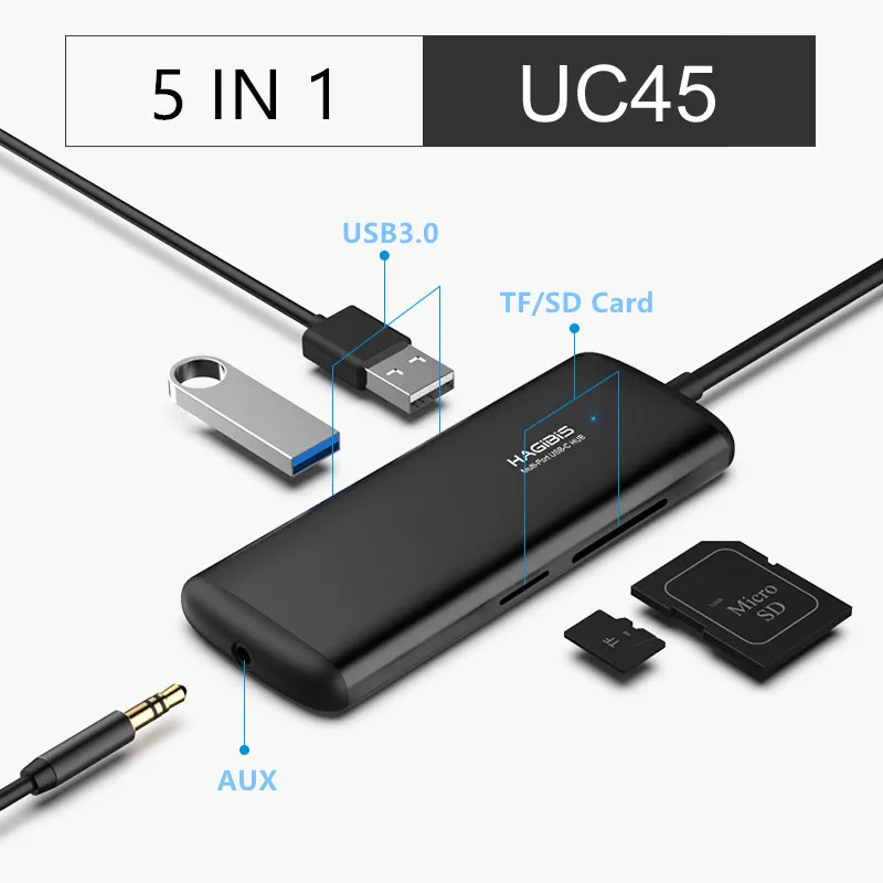 Хагбис тип-c концентратор Многофункциональный USB 3,0 концентратор USB C к HDMI/VGA/AUX/RJ45/SD/TF кард-ридер/PD зарядный адаптер для MacBook PC - Цвет: UC45