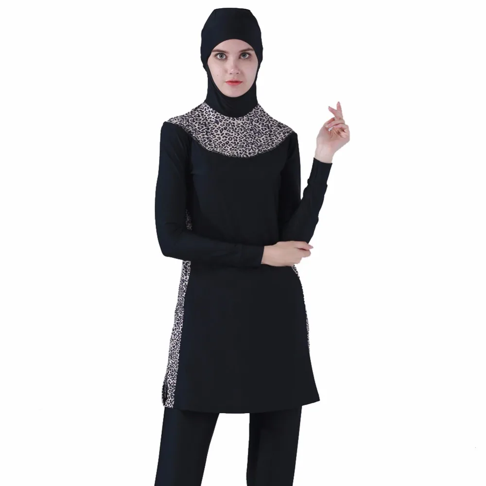 

Leopard Print Islamic Swimsuit Arab Swimwear 2 Pieces Connected Hijab Muslim Swimsuit for Women Girls