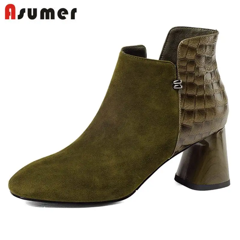 

ASUMER 2020 NEW fashion patchwork kid suede+genuine leather boots round toe ankle boots for women zipper thick heel autumn boots