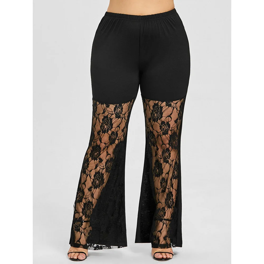 Plus Size Rose Lace Insert Flare Leggings Women Yoga Leggings Fitness Gym Sports Pants High Waist Big Size Trousers Femme high waist flounce flare pants