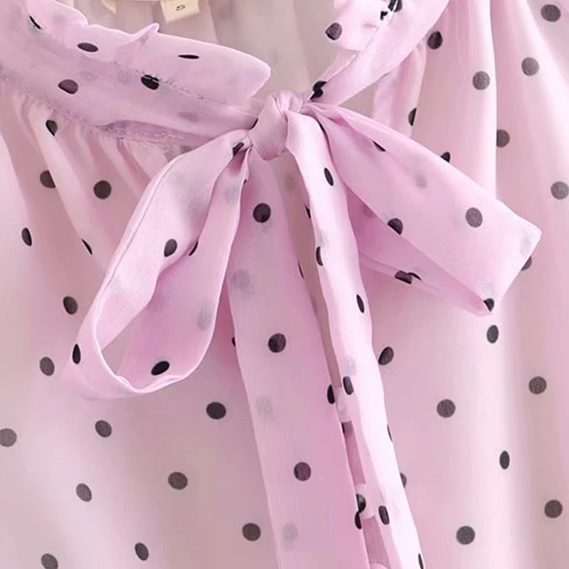 Lessverge розовый комбинезон с оборками в горошек короткий комбинезон на шнуровке с длинным рукавом шифоновый комбинезон элегантный винтажный женский комбинезон