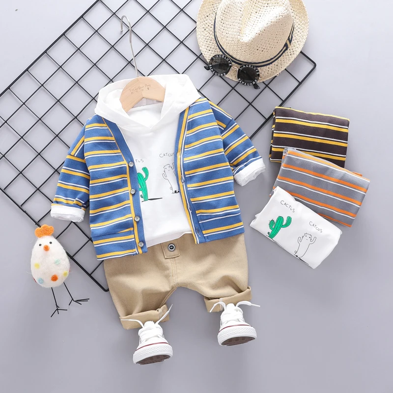 

2019 Autumn Toddler Boys Clothes Suits Baby Kids Clothing Set Striped Coat + t Shirt + Pants Set Infant Children Costume Suit