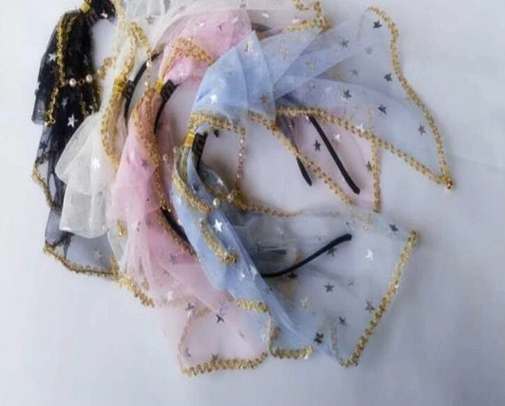 

Sweet Lolita Kawaii Mesh Bow Lace Trim Headband Fairy Cosplay Headwear Hair clasp KC Hair Band Stars Hair Accessories