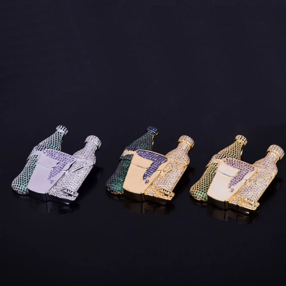 Двойной спрайт бутылка фиолетовый Кубок хип хоп кулон ожерелье Золото Серебро Цвет кубический циркон мужские ювелирные изделия с 4 мм теннисная цепь