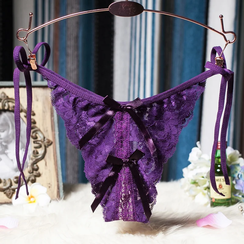 Женское нижнее белье с открытым шаговым швом и вышивкой, регулируемый галстук, стринги, кружевные стринги, сексуальные трусики с бриллиантовым кружевом - Цвет: Фиолетовый