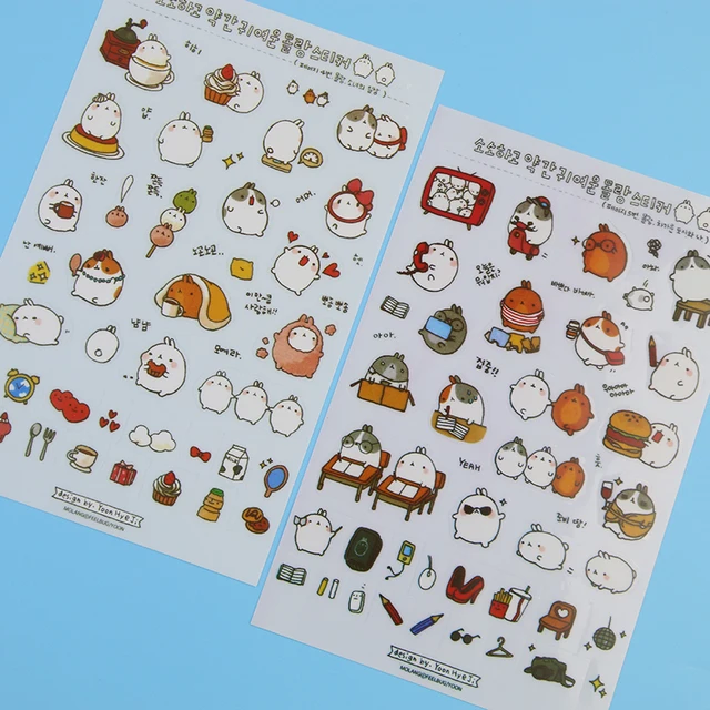 6 Pcs Molang Cartoon Rabbit Decorative Stickers Mobile Phone Stickers Stationery Diy Album Stickers Material Escolar Kawaii