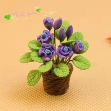 1:12 Миниатюрный Кукольный дом ручной работы Глиняная Роза и зелень в плетеной корзине