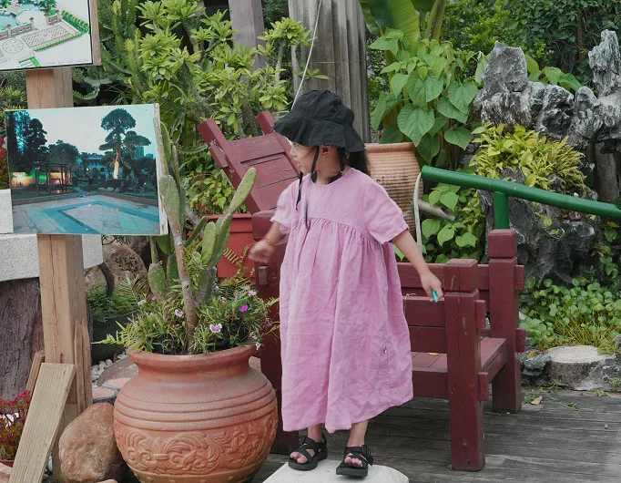 Летнее льняное платье макси для девочек в Корейском стиле; модная повседневная одежда для девочек; винтажное платье для девочек