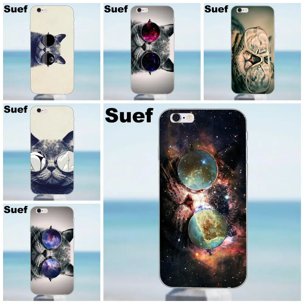 Suef Мягкий ТПУ дизайн кошка с очками для iPhone 4 4S 5 5S 5C SE 6 6S 7 8 Plus X Samsung Galaxy A3 A5 J1 J3 J5 J7 2016