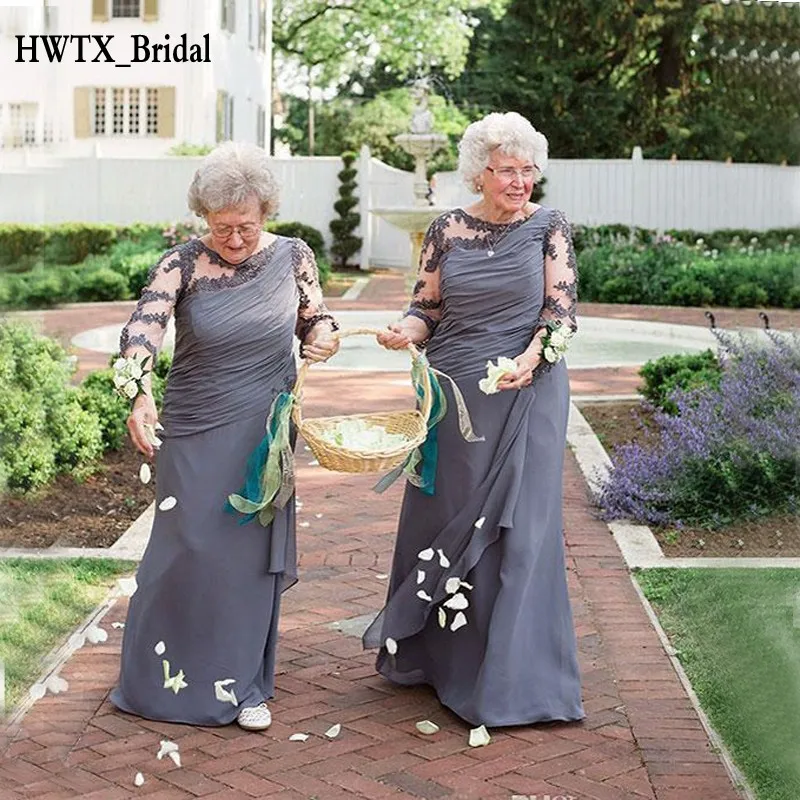 

2018 Mother Of The Bride Dresses Plus Size Sheer Long Sleeve Gray Lace Chiffon Women Prom Party Gowns For Wedding Robe De Mariee