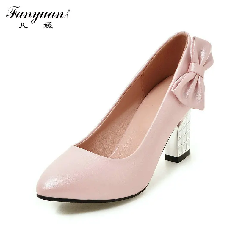 

2017 New High Quality solid Color Casual Pumps Pointed Toe Slip on Bowknot Thick Heels Bling Crystal Wedding Shoes Plus Size