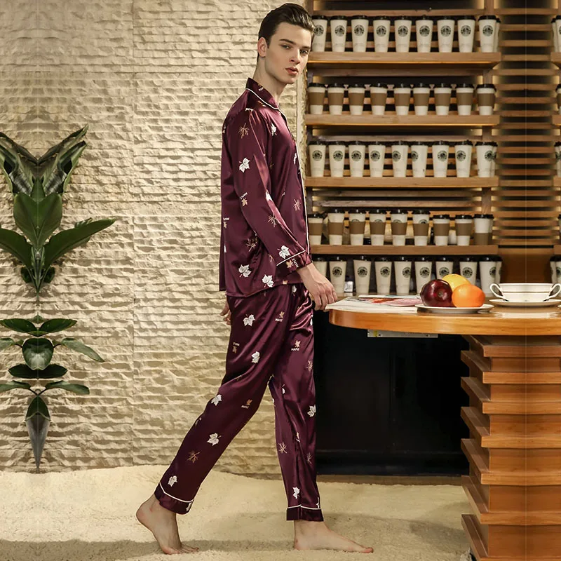 Мужская пижама, сатиновая Пижама с шелковым принтом, пижамный комплект, одежда для сна, L, XL, 2XL _ подходит для всех сезонов