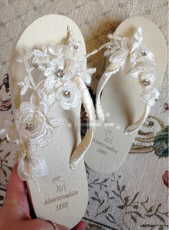 2016handmade Milky Lace Flip Flops Beach Wedding Shoe Bridal