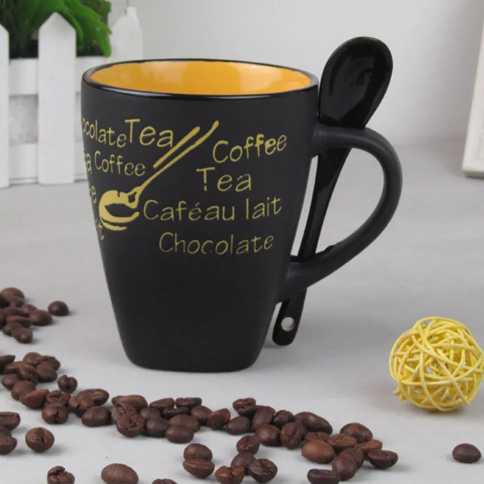 Coffee Cups And Mugs With Spoon Matte Black Ceramic Coffee Mug Milk Cup DrinkTea Creative Porcelain Travel Coffee Mug Letters        CB224