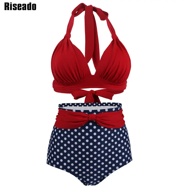 

Riseado New 2019 High Waist Bikinis Sexy Halter Swimwear Women Dot Printing Bathing Suits Plus Size Swimwear XXXL