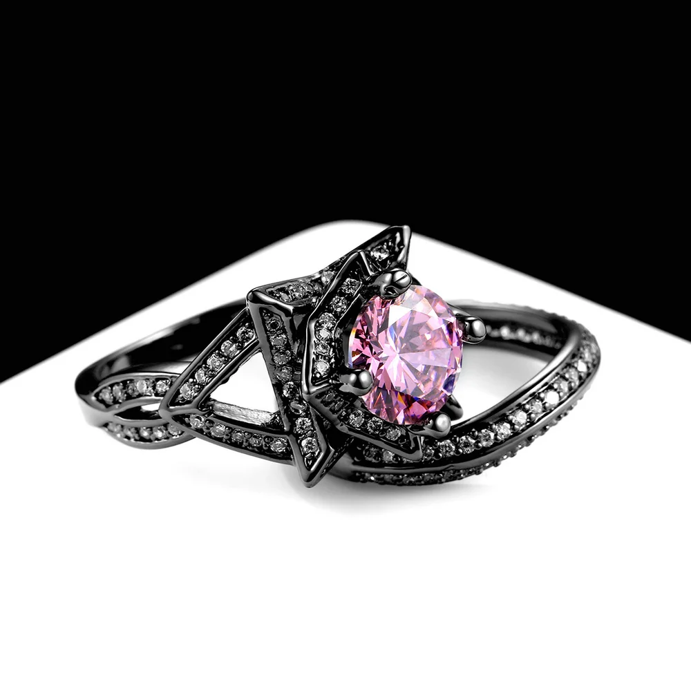 Double Fair Cubic Zirconia Pink Crystal Rings Sets Black Gold Color Engagement / Wedding Ring Sets Fashion Women Jewelry DFR618
