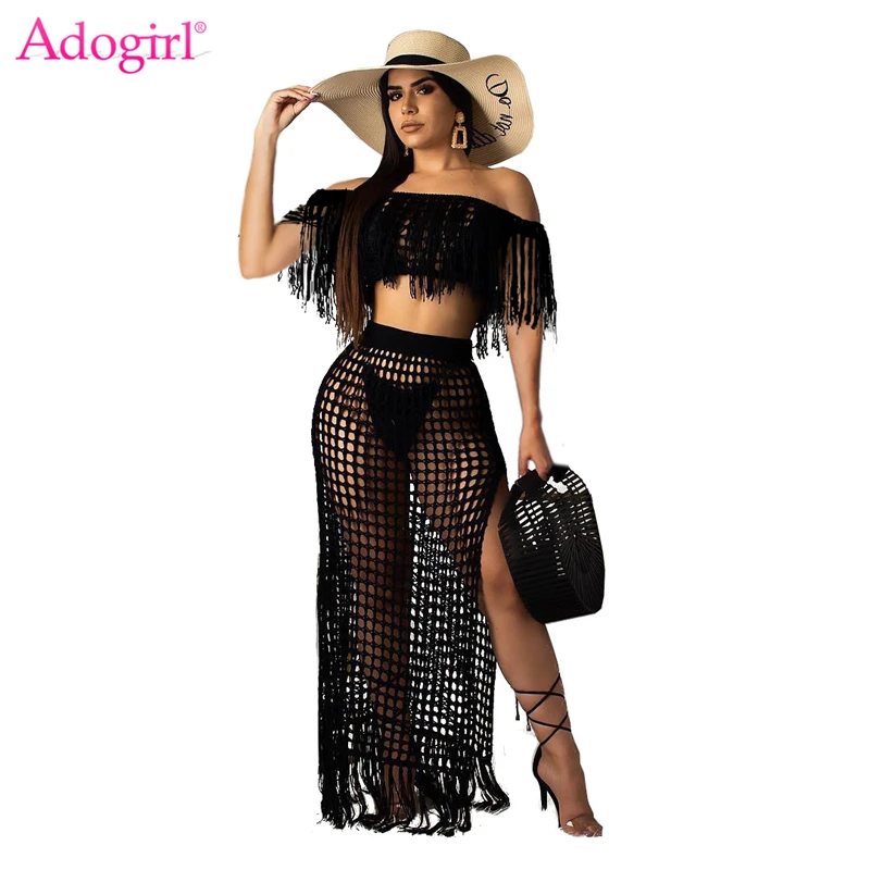 

Adogirl Knitted Fishnet Tassel Sleeveless Summer Beach Dress Two Piece Set Hollow Out Off Shoulder Crop Top High Slit Maxi Skirt