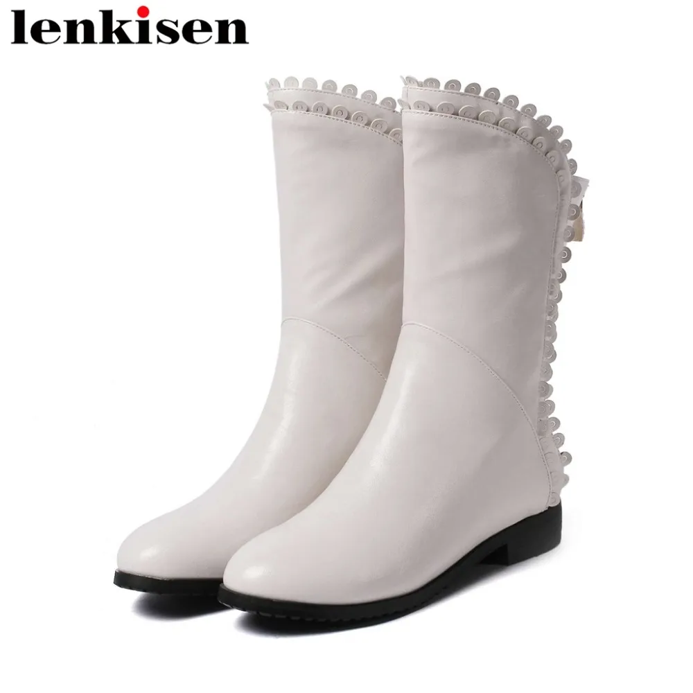 

Lenkisen novelty design european designer round toe low heels zipper modern girls concise boots pu lacework mid-calf boots L06