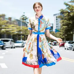 Для женщин летнее платье миди 2018 Новый Женская одежда с принтами хит Цветная рубашка платье отложным воротником с коротким рукавом