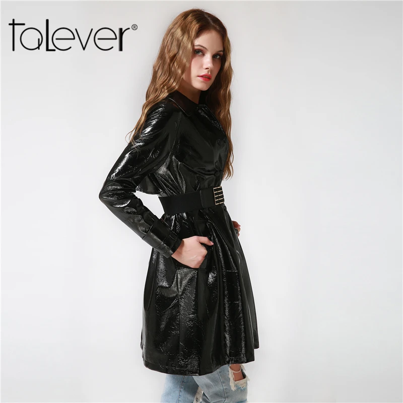 Women's Autumn Winter Long Leather Jackets 2017 Long Sleeve Sexy Black Patent Leather Coat 4XL Female Talever ( Gift : Belt )