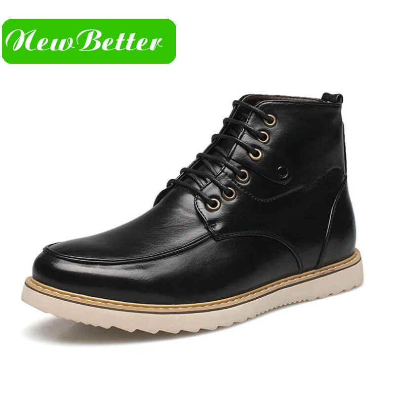 

Mid calf leather casual boots platform lace up square heel solid men shoes